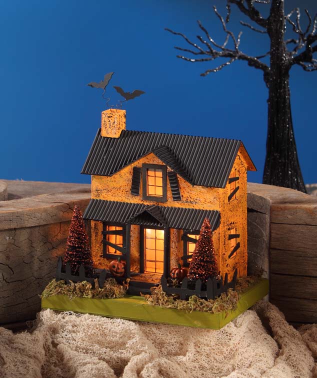 Orange House of Haunts Halloween Putz