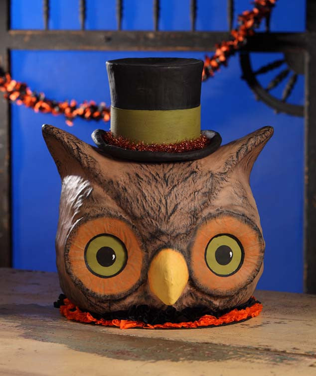 Owl With Top Hat Container - Large Paper Maché